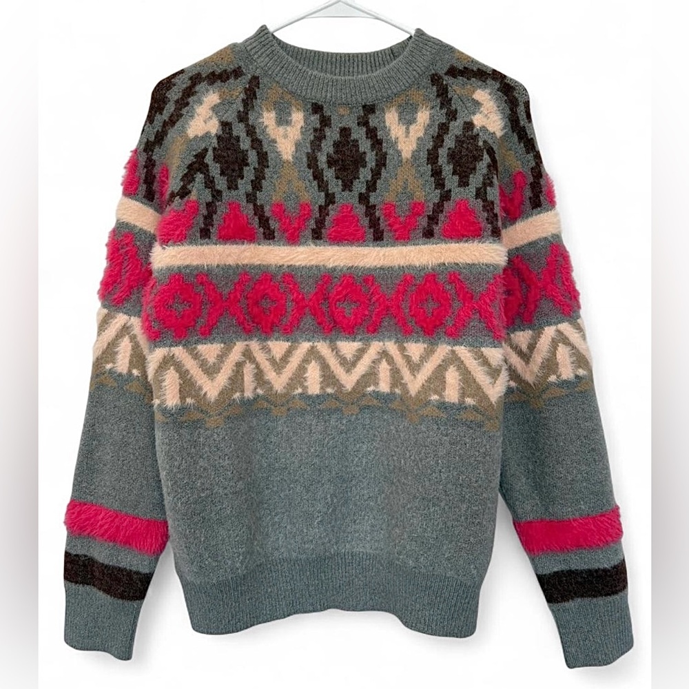 NWOT THML Gray Pink Crew Neck Sweater Nordic Pattern Small Pullover Warm‎ Cozy